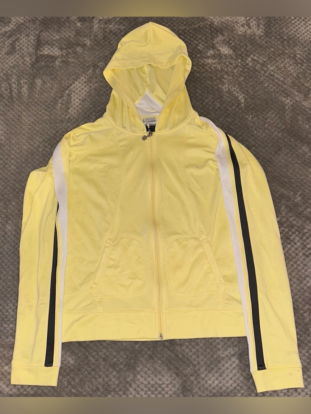 Nike Yellow Hooded Bomber Jacket with White and Black Stripes